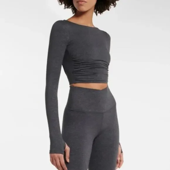 Varley Black Marl Always Warm Sloane Cropped Tee - Picture 7 of 8